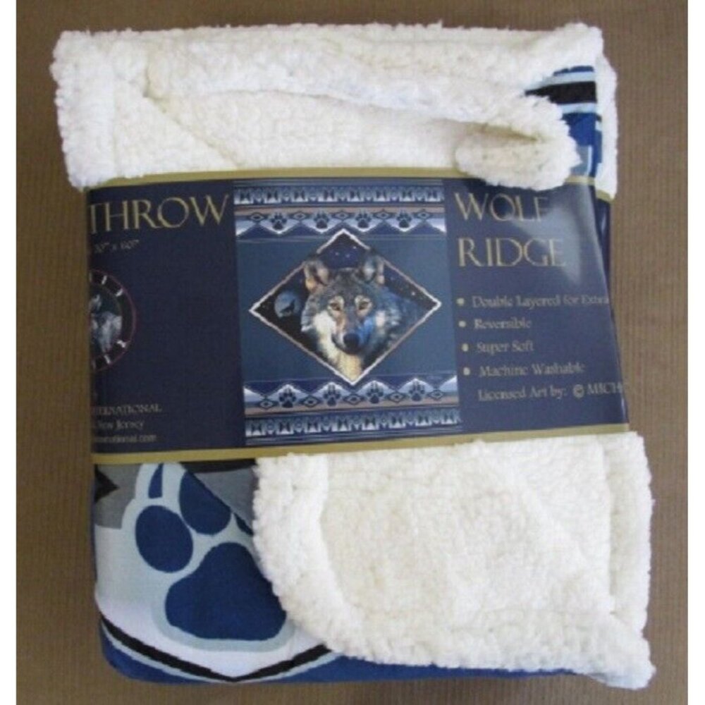 New Wolf Wolves Sherpa Gift Fleece Throw Blanket Southwest Blue Gray Paw Prints - Picture 3 of 3